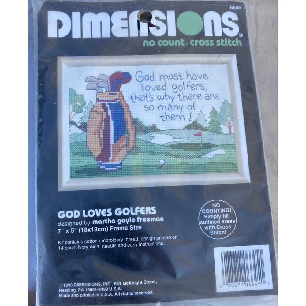 Cross Stitch Dimensions No Count Kit "God Loves Golfers" 5x7 Martha Gail Freeman